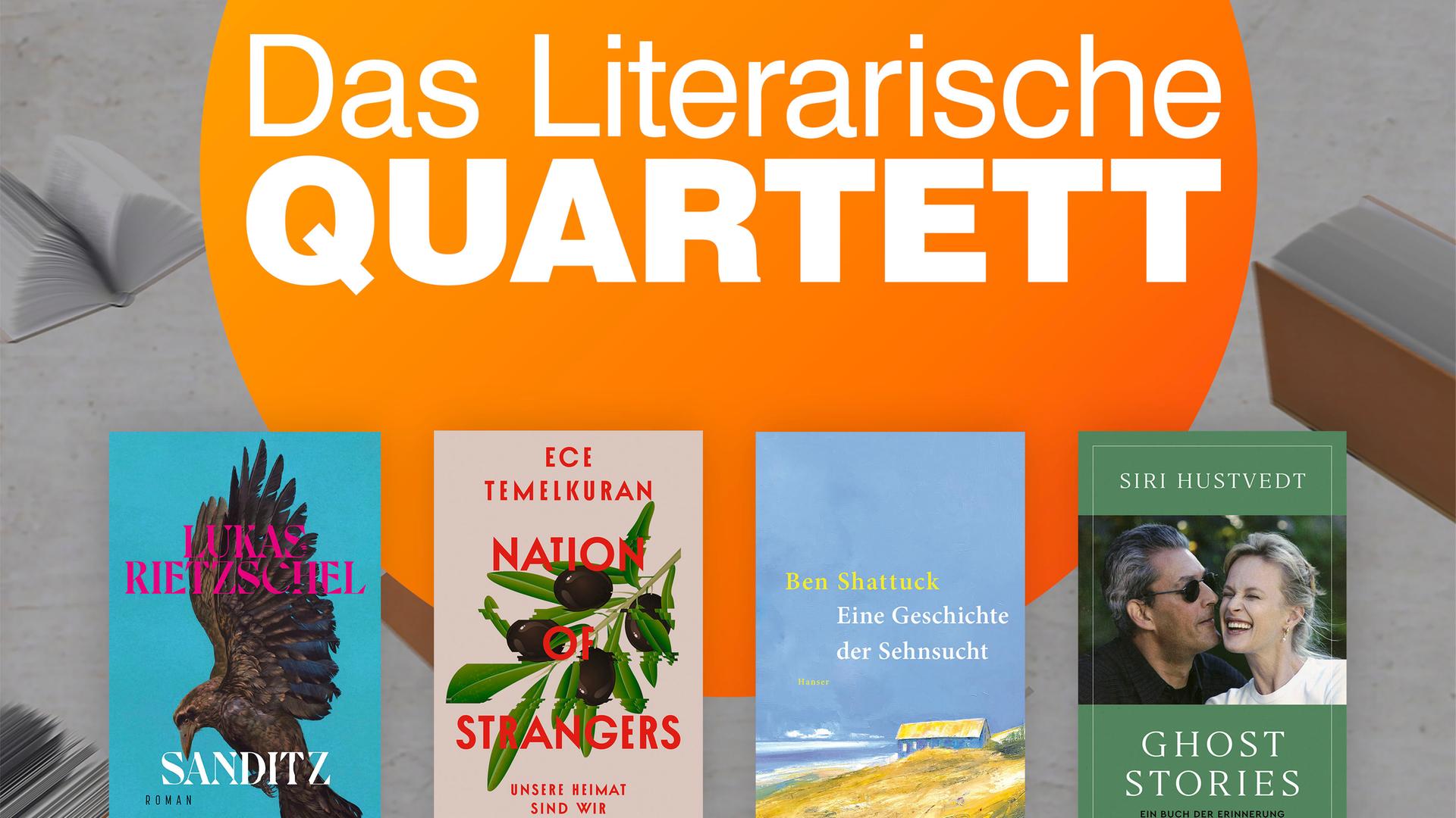 Das Sendungsplakat des "Literarischen Quartetts" im März 2026 mit den vier Covern der Bücher, die in der Bücherrunde besprochen werden: Lukas Rietzschel, "Sanditz", dtv; Ece Temelkuran, "Nation of Strangers. Unsere Heimat sind wir", Rowohlt Verlag; Ben Shattuck, "Eine Geschichte der Sehnsucht", Hanser Verlag; Siri Hustvedt, "Ghost Stories. Ein Buch der Erinnerung", Rowohlt Verlag