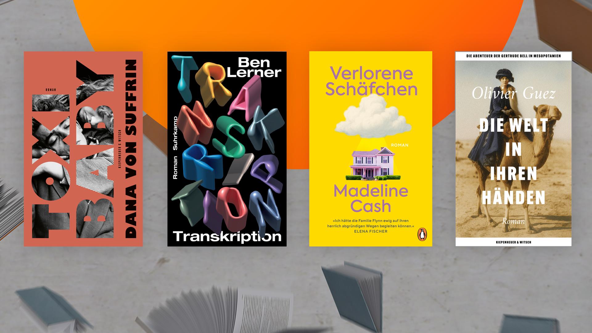 Das Sendungsplakat des "Literarischen Quartetts" im Mai 2026 mit den vier Covern der Bücher, die in der Bücherrunde besprochen werden: Olivier Guez "Die Welt in ihren Händen", Ben Lerner "Transkription",  Dana von Suffrin "Toxibaby", Madeline Cash "Verlorene Schäfchen". 