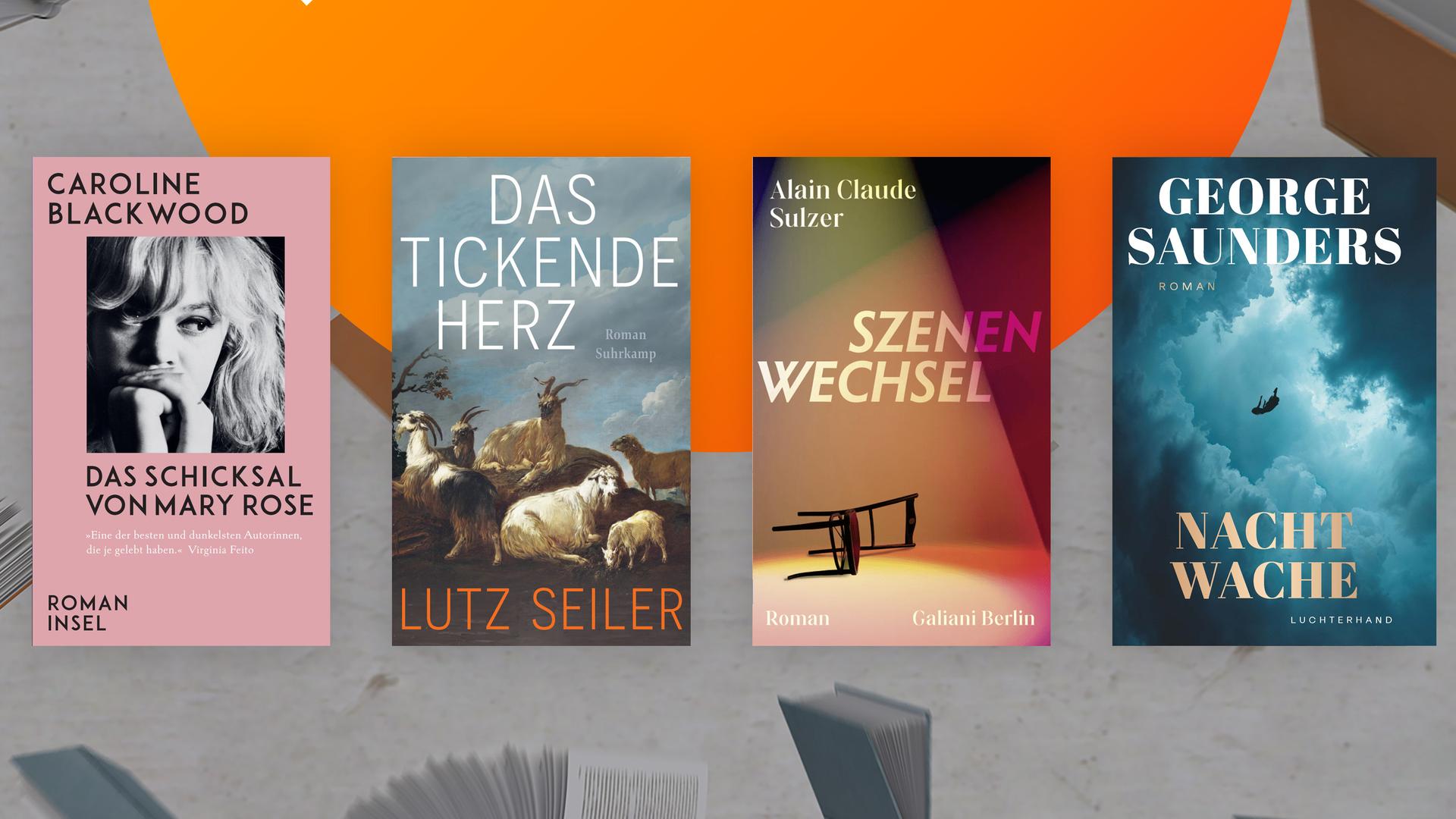 Das Sendungsplakat des "Literarischen Quartetts" im Oktober 2026 mit den vier Covern der Bücher, die in der Bücherrunde besprochen werden: