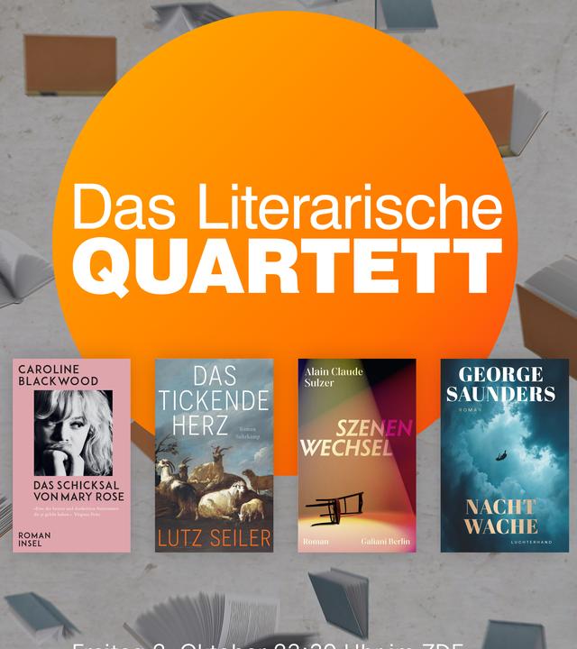 Das Sendungsplakat des "Literarischen Quartetts" im Oktober 2026 mit den vier Covern der Bücher, die in der Bücherrunde besprochen werden: