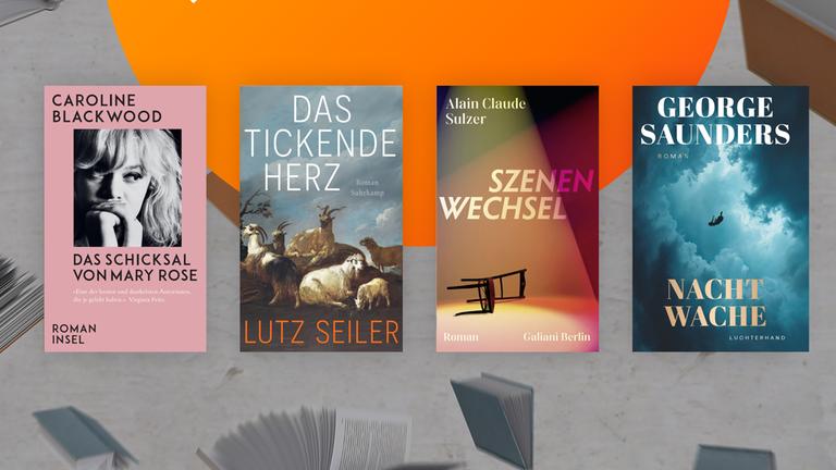 Das Sendungsplakat des "Literarischen Quartetts" im Oktober 2026 mit den vier Covern der Bücher, die in der Bücherrunde besprochen werden: