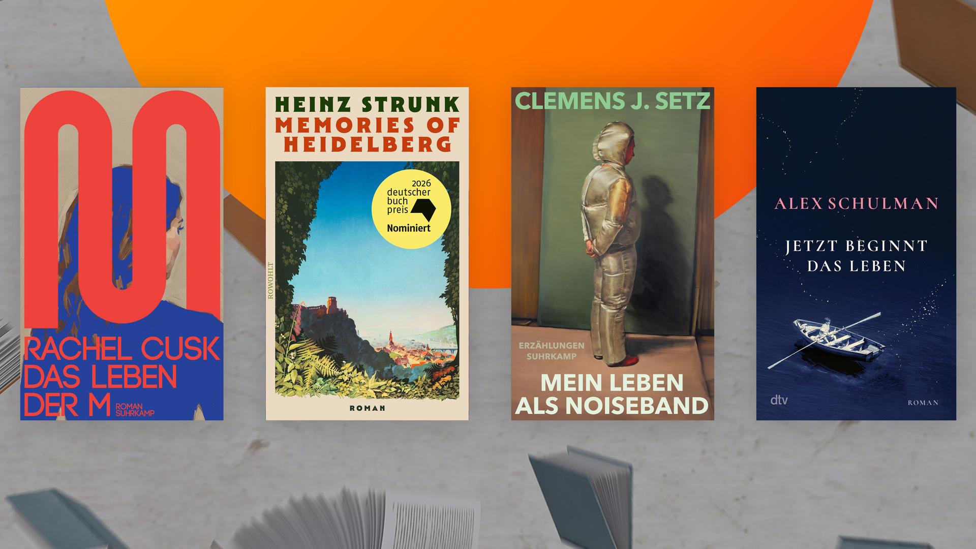 Das Sendungsplakat des "Literarischen Quartetts" im Mai 2026 mit den vier Covern der Bücher, die in der Bücherrunde besprochen werden: Rachel Cusk "Das Leben der M.“, Alex Schulman "Jetzt beginnt das Leben“, Clemens J. Setz, "Mein Leben als Noiseband“, Heinz Strunk "Memories of Heidelberg”.