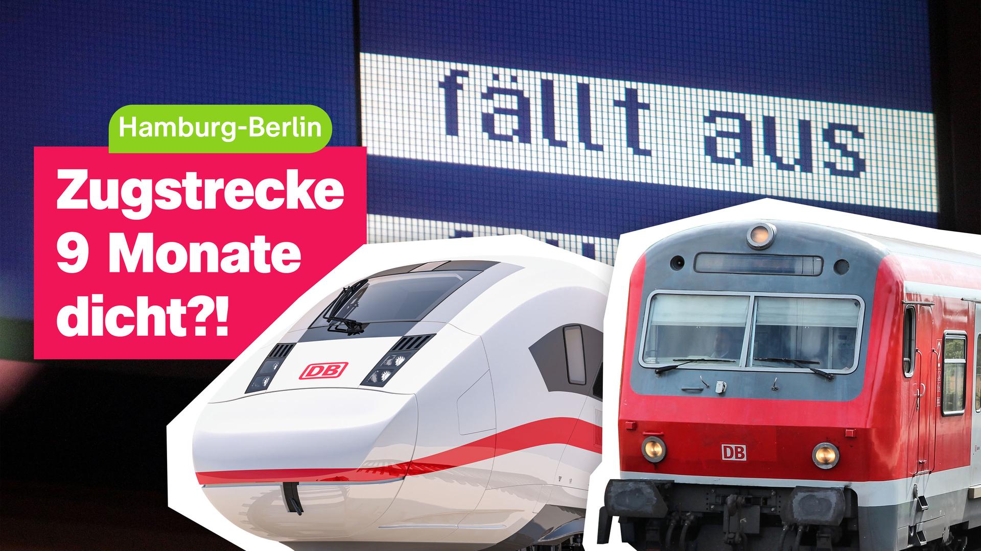 Collage: Rechts zwei Züge, darüber eine Bahnhofsanzeige mit dem Text "fällt aus". Links der Text: "Hamburg-Berlin. Zugstrecke 9 Monate dicht?"