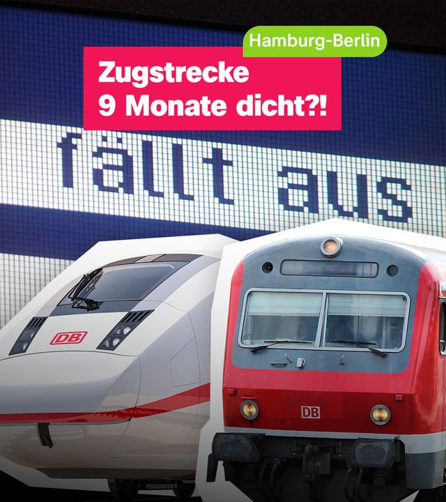 Collage: Rechts zwei Züge, darüber eine Bahnhofsanzeige mit dem Text "fällt aus". Links der Text: "Hamburg-Berlin. Zugstrecke 9 Monate dicht?"