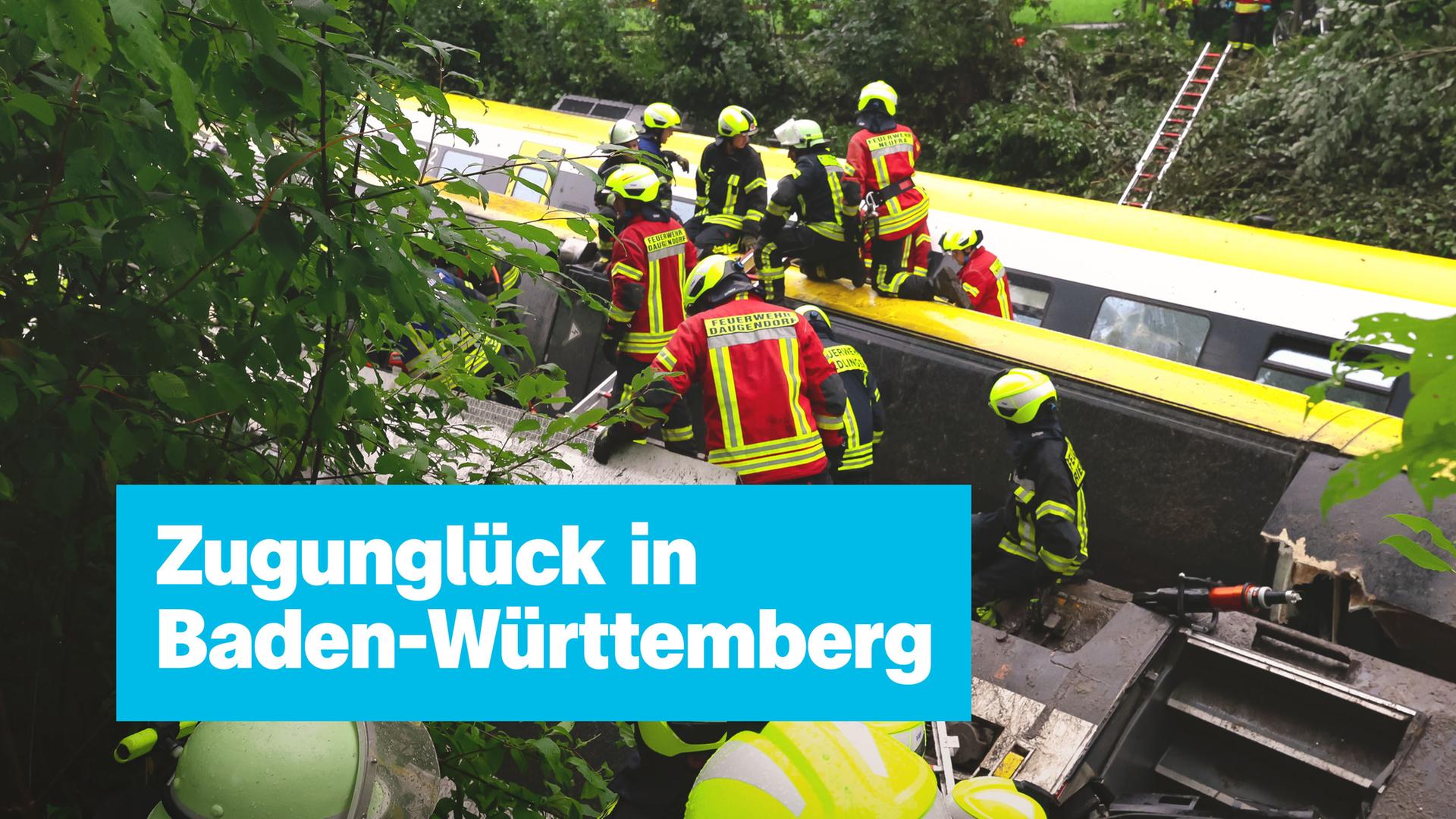 Ein auf der Seite liegender Zug im Grünen. Arbeiter mit gelben Helmen haben sich um ihn versammelt. Links der Text "Zugunglück in Baden-Württemberg".