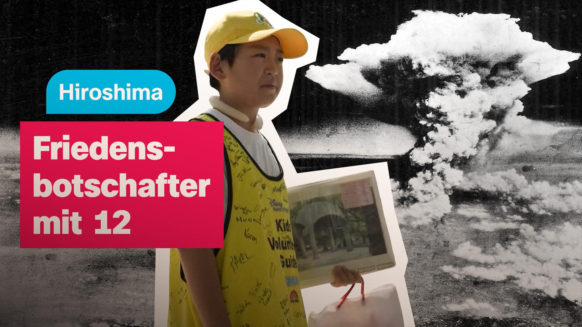 Ein 12-Jähriger Touristen-Guidet mit Erklärbildern in der Hand. Im Hintergrund sieht man die Explosion der Atombombe in Hiroshima vor 80 Jahren.