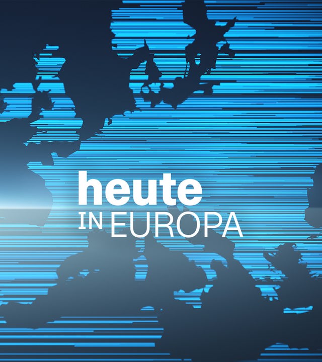 Der Sendungstitel "heute in Europa" steht vor einer Europakarte aus blauen Strichen. 