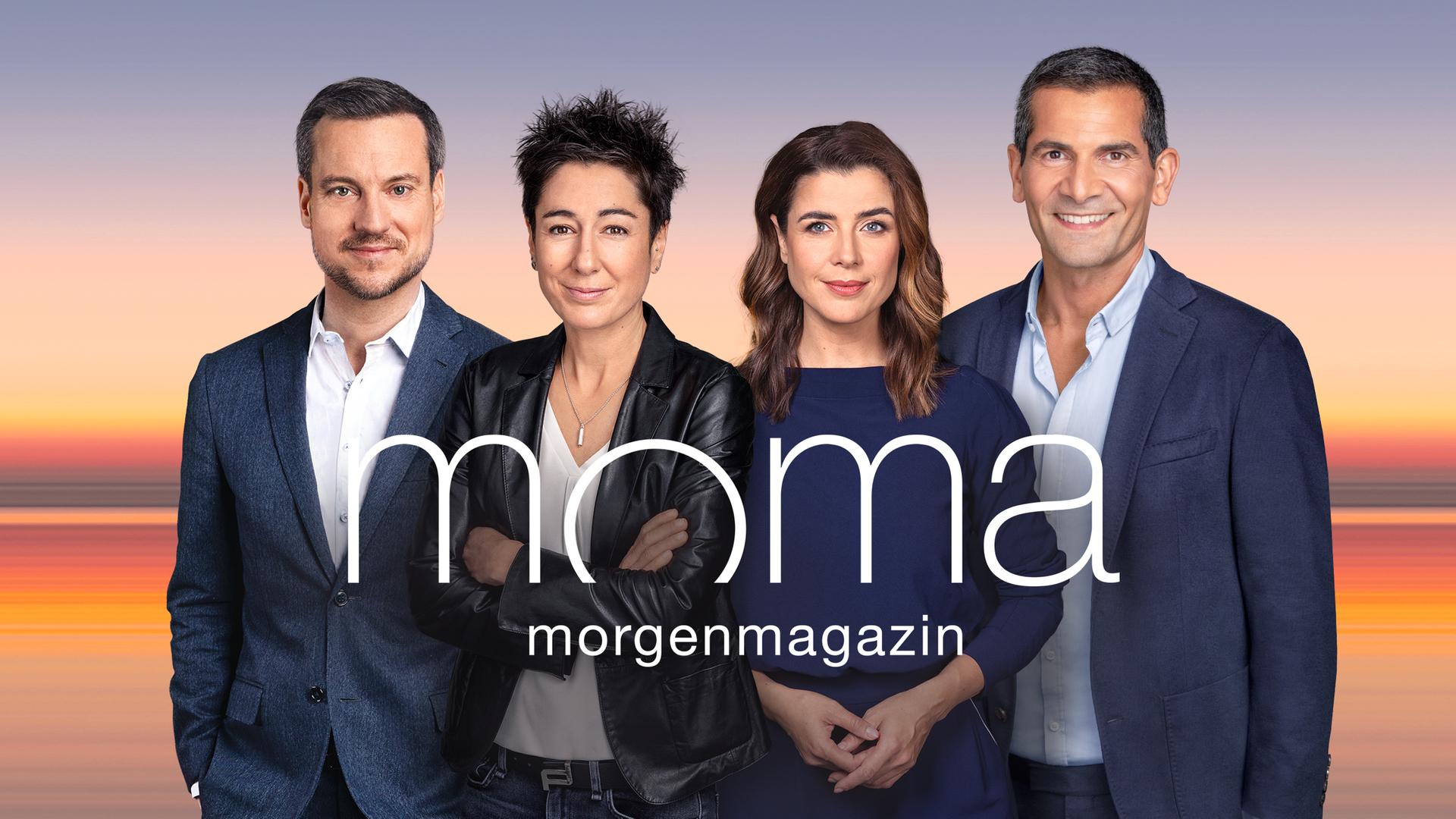 Der Schriftzug "moma Morgenmagazin" steht vor einem Farbverlauf, der an einen Sonnenaufgang erinnert.