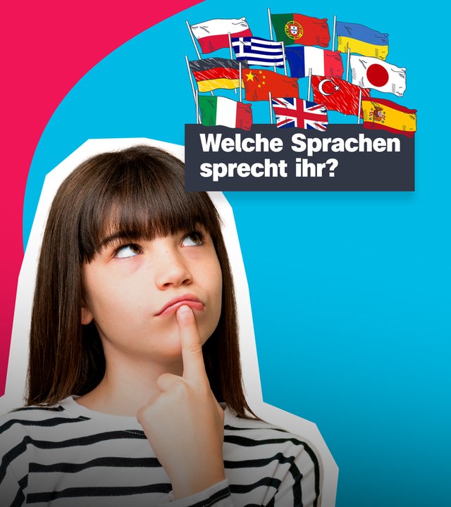 Ein Mädchen schaut nachdenklich nach oben. In der Ecke sind Flaggen vieler verschiedener Länder