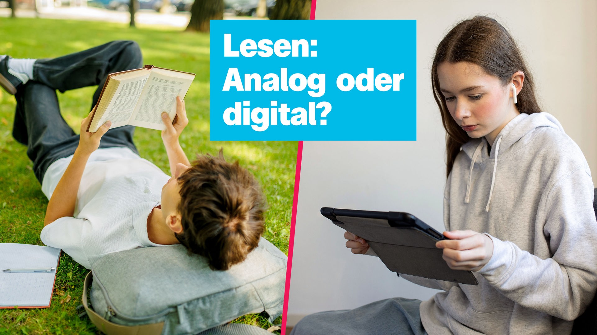 Ein Junge liegt auf einer Wiese und liest ein Buch, ein Mädchen liest auf einem Tablet