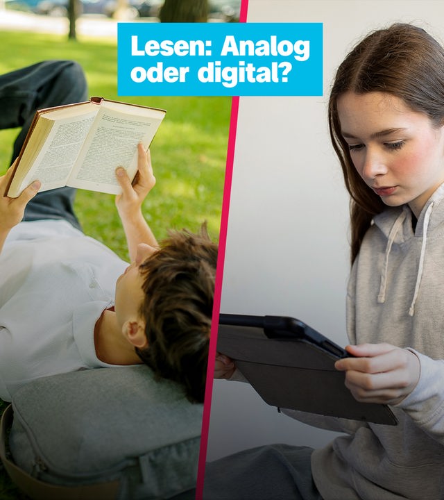 Ein Junge liegt auf einer Wiese und liest ein Buch, ein Mädchen liest auf einem Tablet