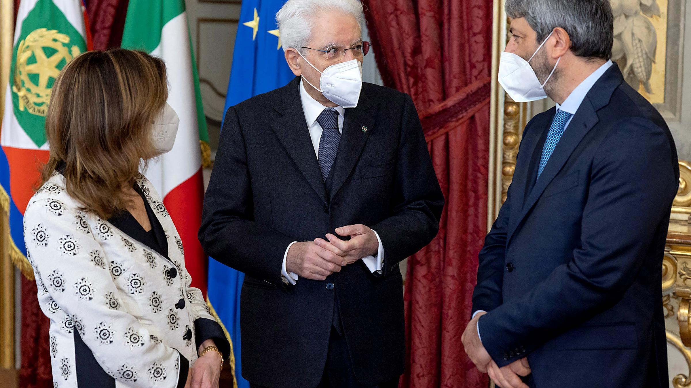 Italian President Sergio Mattarella (centre), Maria Elisabetta Alberti Casellati (left) and Roberto Fico (right).