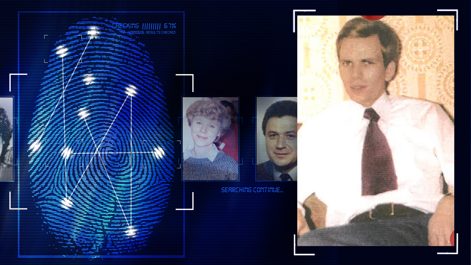 Lichtschematische Darstellung eines Fingerabdrucks. Daneben ein altes Foto von einem mittelalten Mann mit Krawatte.