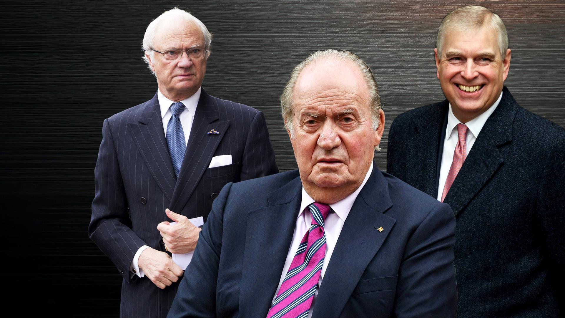 Collage, links Carl XVI. Gustaf, König von Schweden; in der Mitte Juan Carlos I.; rechts