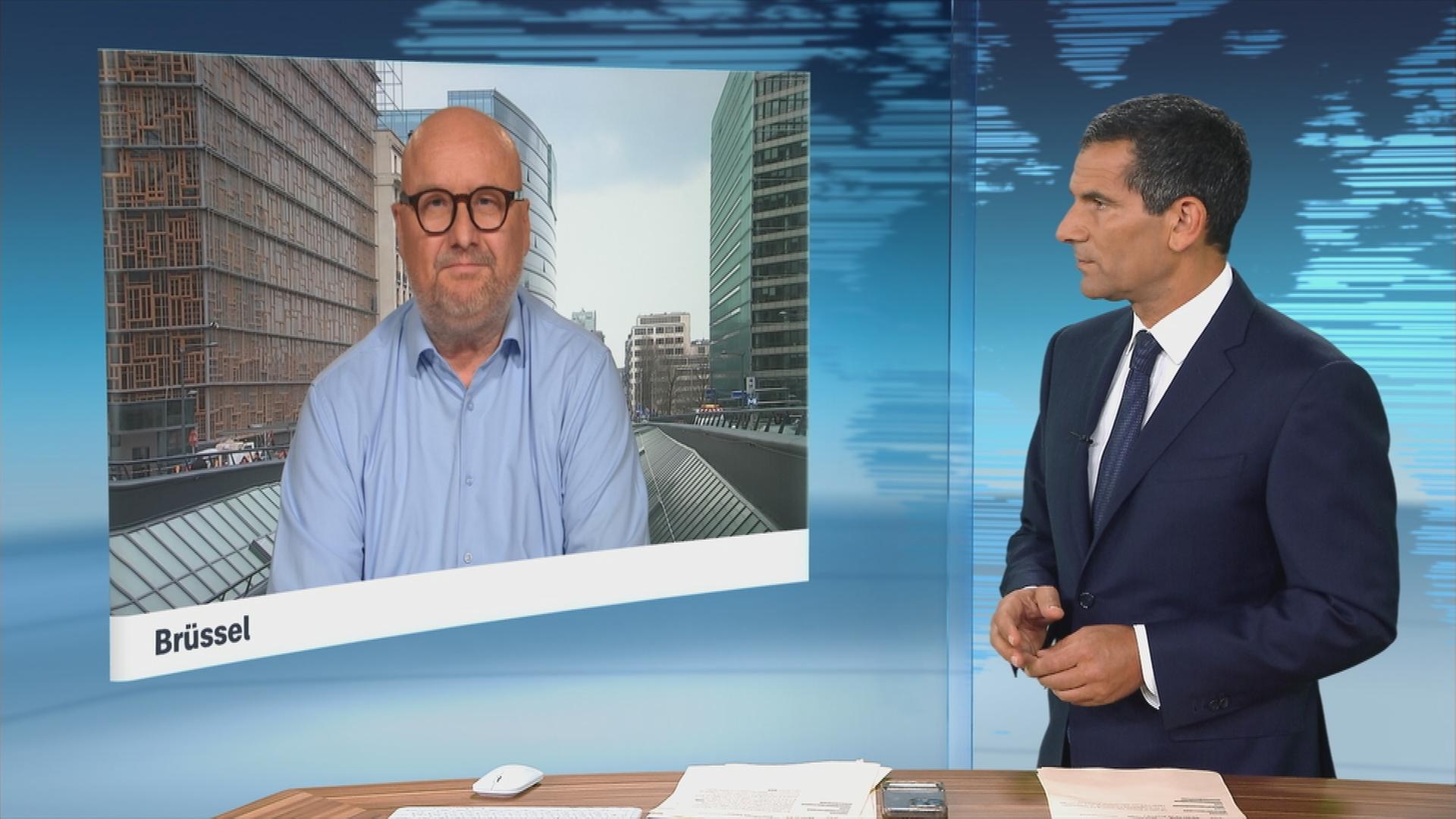 ZDF-Korrespondent Ulf Röller, zugeschaltet aus Brüssel im Gespräch mit Moderator Mitri Sirin.