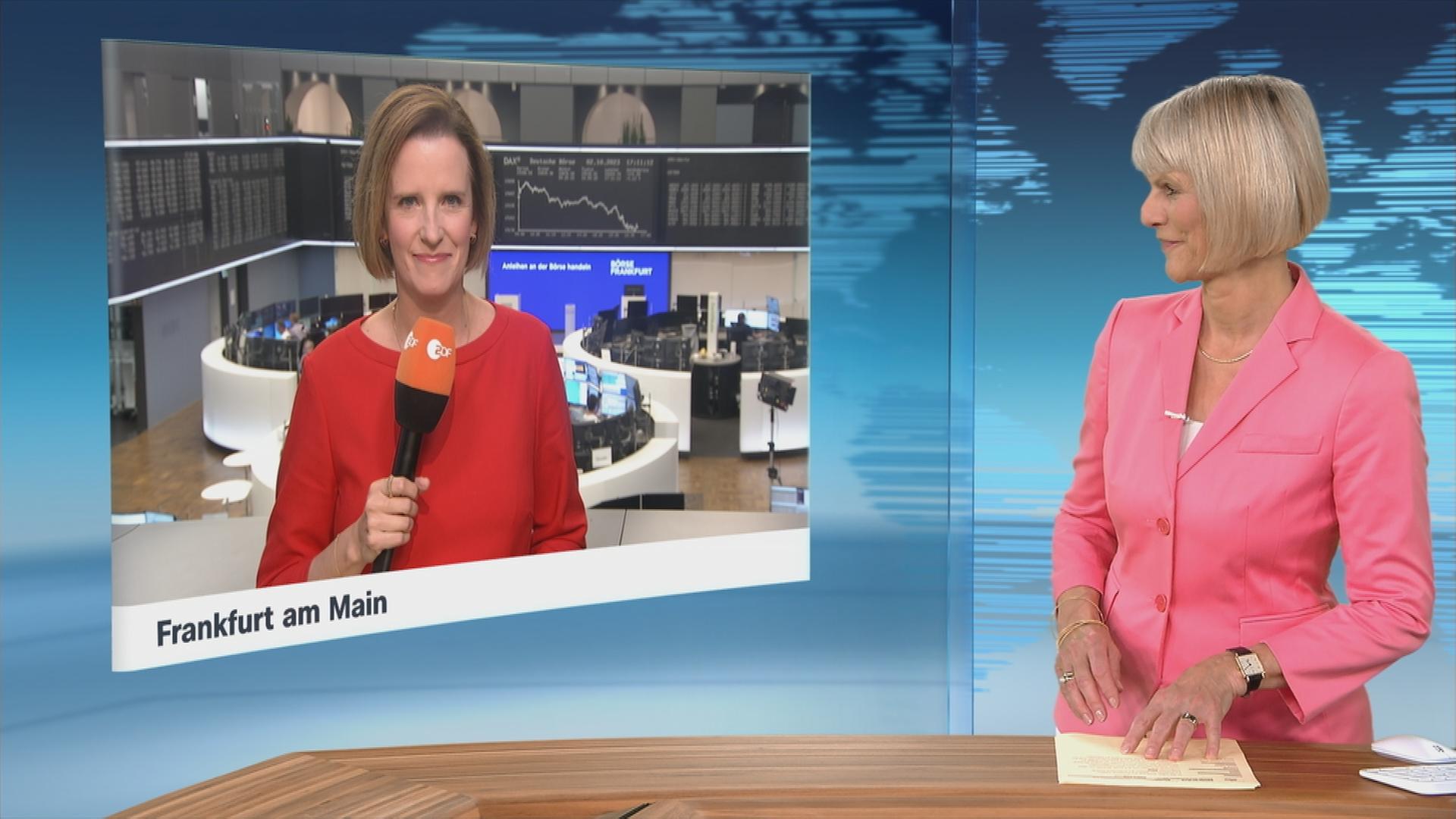 ZDF-Börsenexpertin Valerie Haller, zugeschaltet aus Frankfurt a.M., im Gespräch mit Moderatorin Gundula Gause im Studio.
