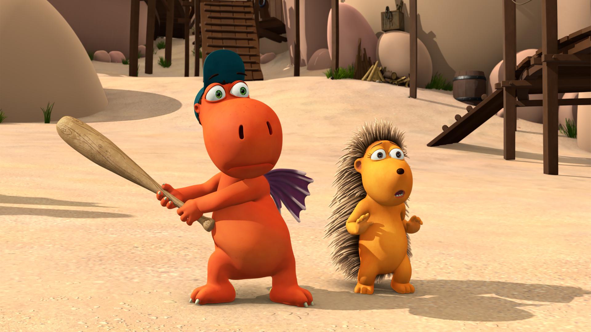 Kokosnuss hält einen Baseballschläger in den Pranken. Sowohl sein, als auch Matildas Blick, wirken geschockt.