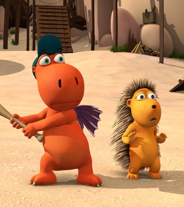 Kokosnuss hält einen Baseballschläger in den Pranken. Sowohl sein, als auch Matildas Blick, wirken geschockt.