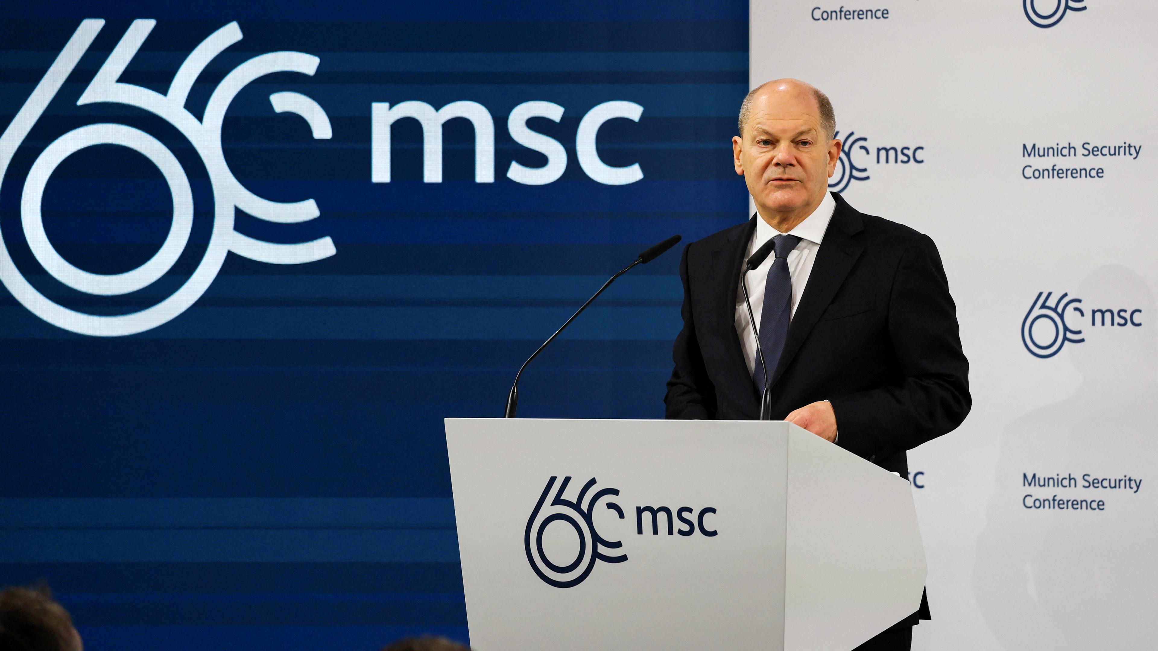 German Chancellor Olaf Scholz speaks at the annual Munich Security Conference, in Munich, Germany February 17, 2024.