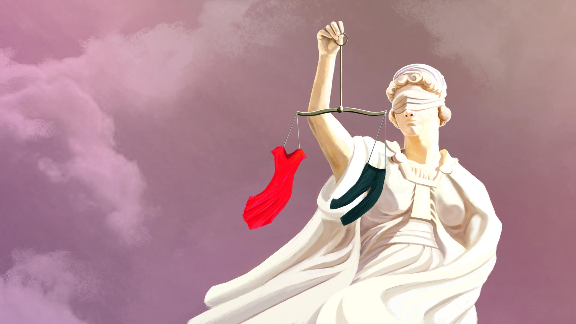 Grafik: Eine weiße Statue der Justitia hält eine Waage. An einem Ende hängt ein rotes Kleid, am anderen Ende hängt eine schwarze Hose.