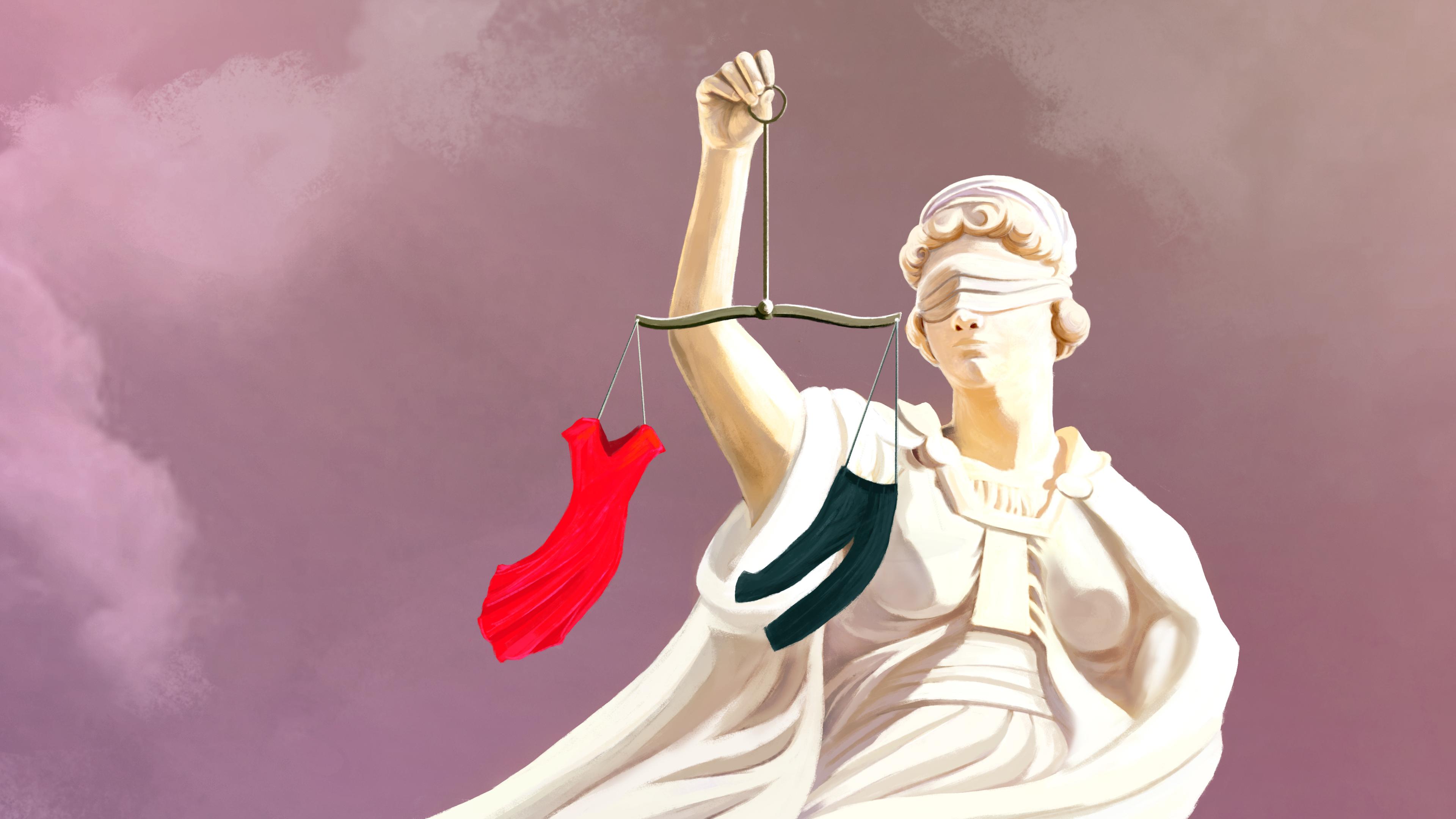 Grafik: Eine weiße Statue der Justitia hält eine Waage. An einem Ende hängt ein rotes Kleid, am anderen Ende hängt eine schwarze Hose.