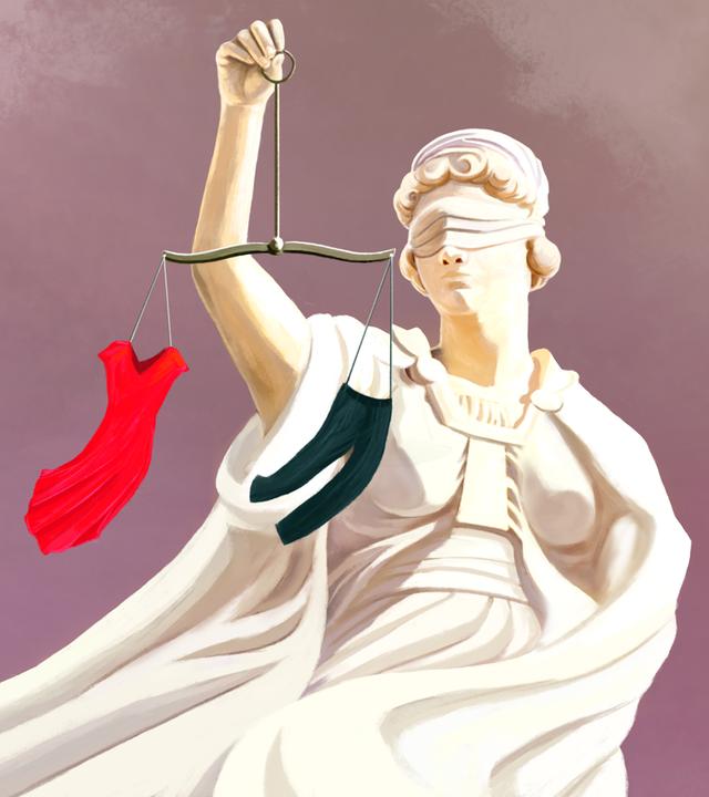 Grafik: Eine weiße Statue der Justitia hält eine Waage. An einem Ende hängt ein rotes Kleid, am anderen Ende hängt eine schwarze Hose.