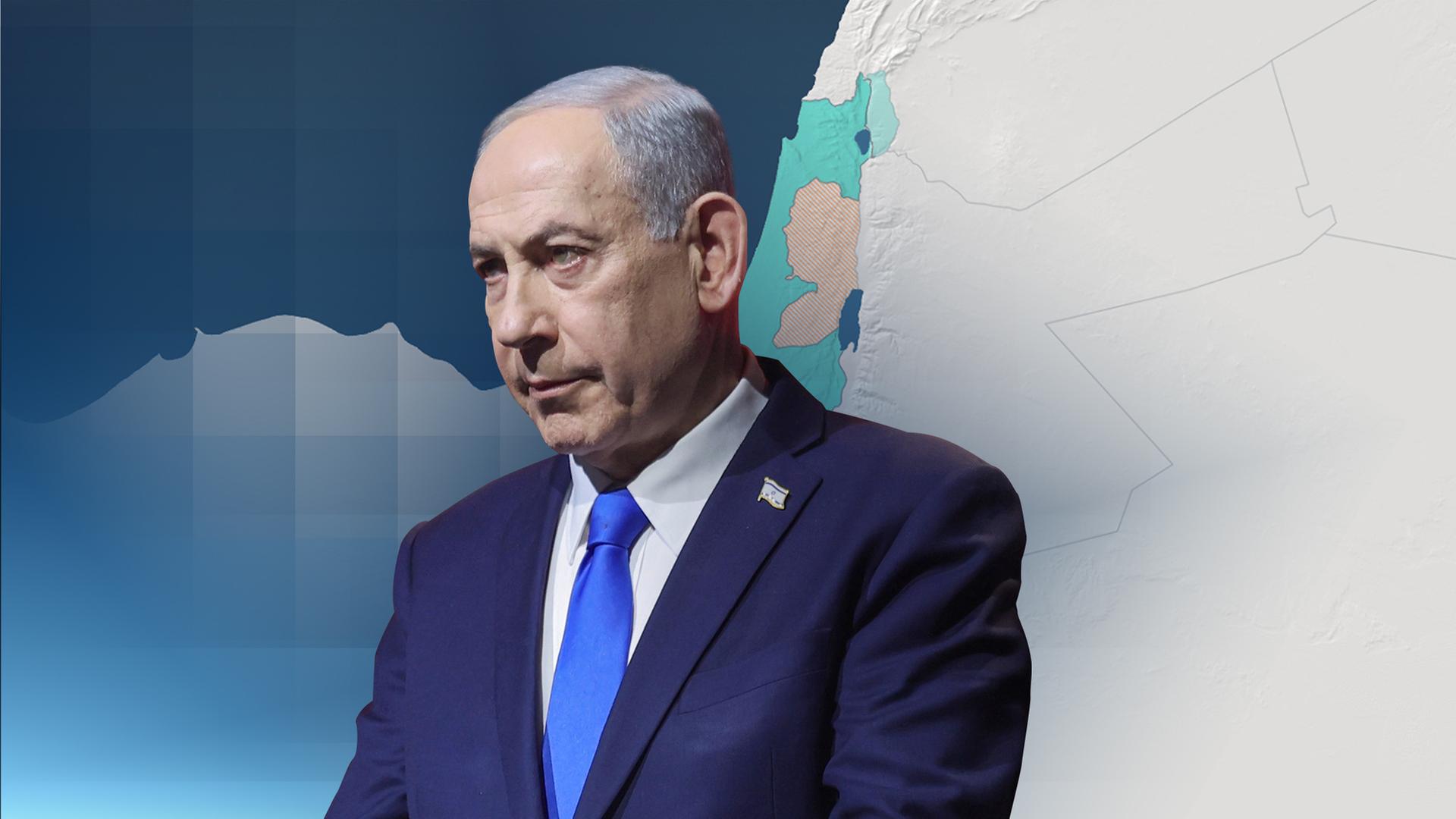 Benjamin Netanjahu einer Karte des Westjordanlands