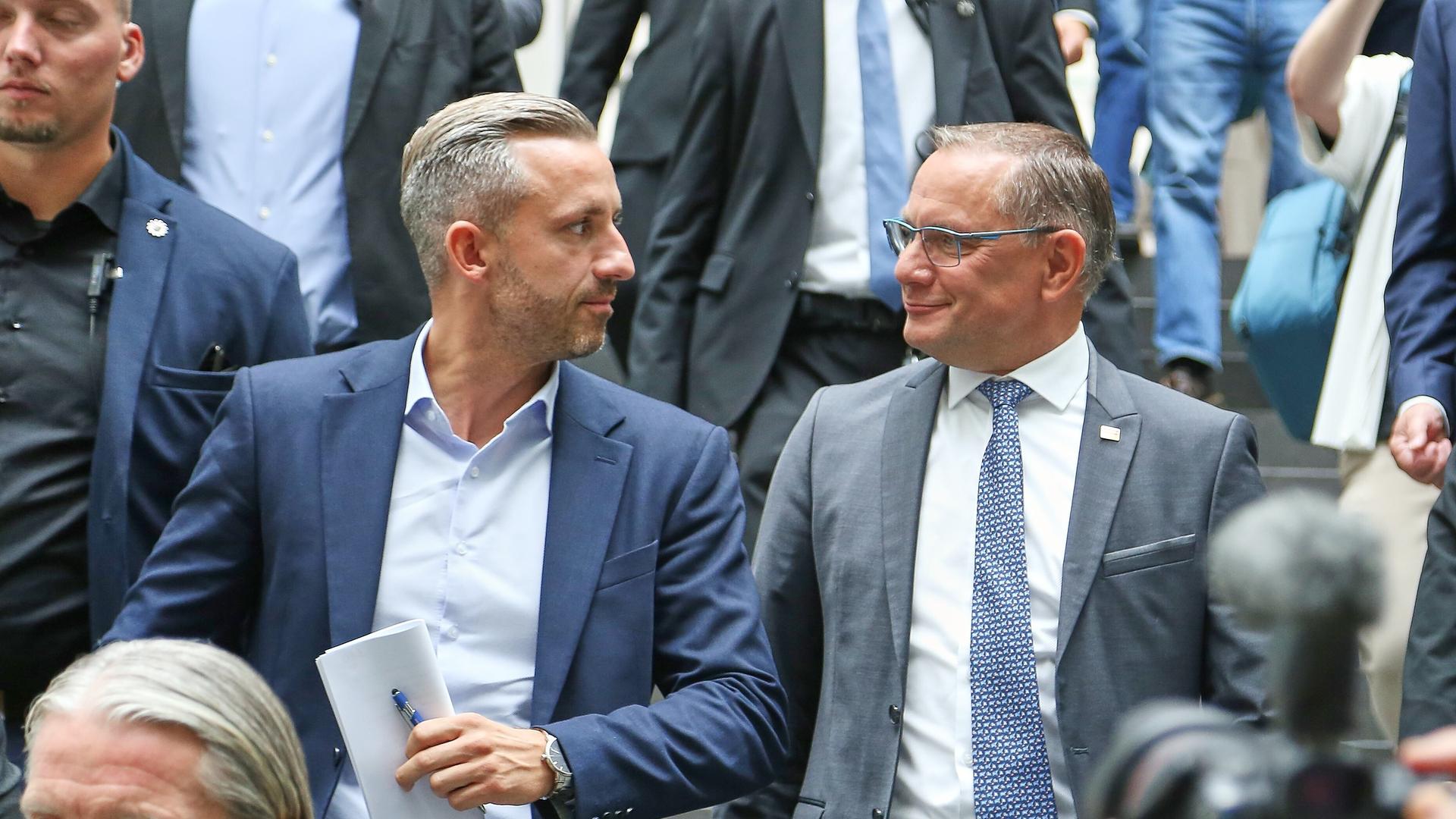 Berlin, Deutschland, 07.09.2026: Bundespressekonferenz: AfD - Auswirkungen der Landtagswahl in Sachsen-Anhalt auf die Bundespolitik: Ulrich Siegmund, Spitzenkandidat AfD in Sachsen-Anhalt und der AfD-Vorsitzende Tino Chrupalla