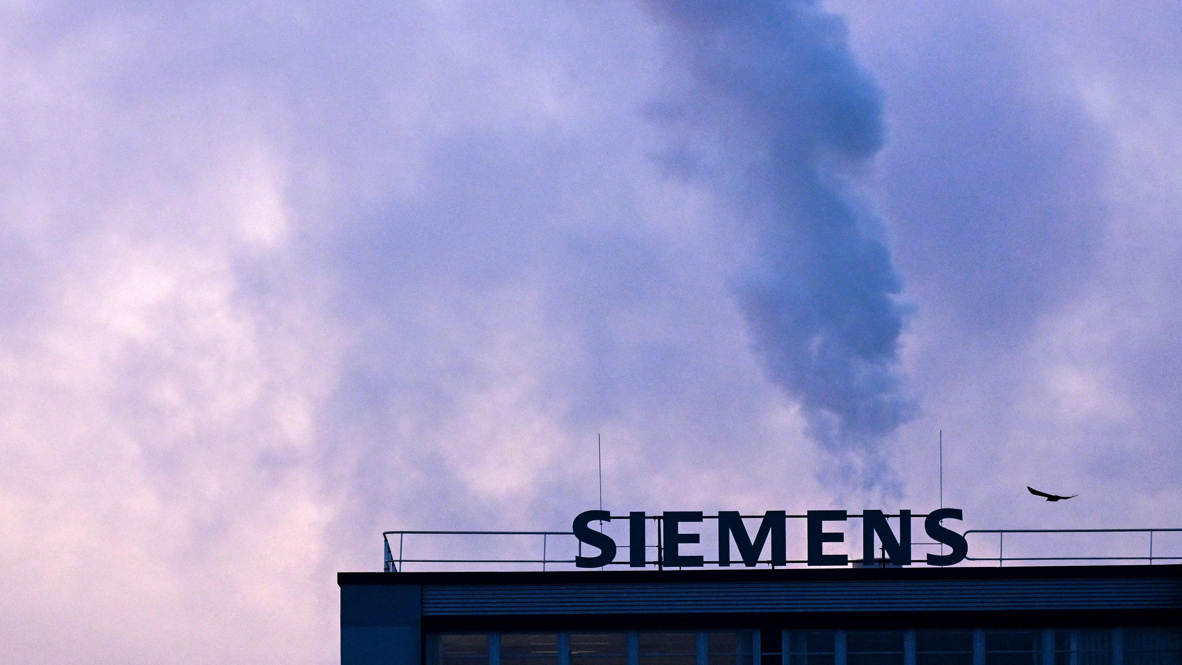 A bird flies during sunrise over the logo of German industrial conglomerate Siemens in Frankfurt am Main, western Germany, on early January 30, 2024