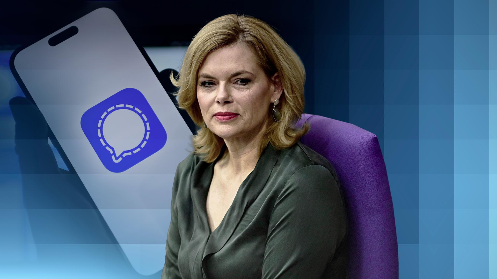 Bundestagspräsidentin Julia Klöckner und ein Handy auf dem die App "Signal" zu sehen ist