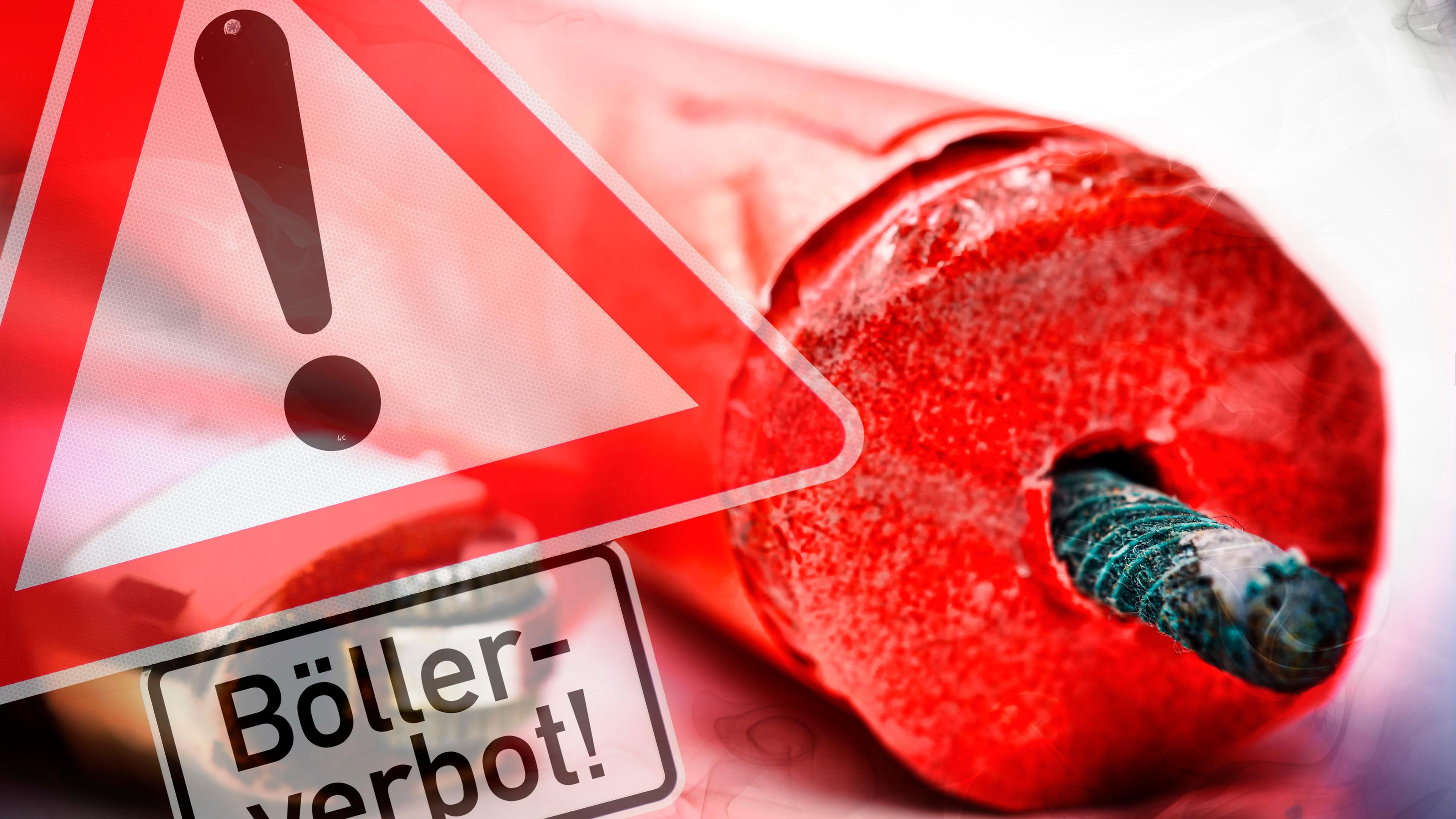 Ein roter Silvester-Böller, daneben ein Schild mit "Böllerverbot!"