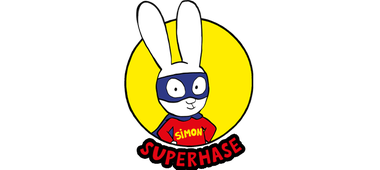 Simon Superhase, in dunkelblauer Maske und rotem Anzug mit der gelben Aufschrift "Simon", steht vor einem gelben Lichtkreis auf schwarzem Untergrund. Darunter steht in roter Schrift "Superhase".