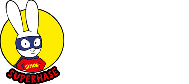 Simon Superhase, in dunkelblauer Maske und rotem Anzug mit der gelben Aufschrift "Simon", steht vor einem gelben Lichtkreis auf schwarzem Untergrund. Darunter steht in roter Schrift "Superhase".