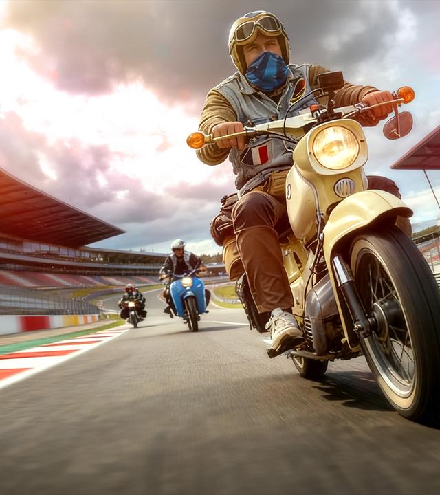 Vier Männer fahren versetzt zueinander auf Simson-Mopeds sitzend auf einer Formel-1-Rennstrecke auf die Kamera zu. Links und rechts von der Rennstrecke sind Tribünen zu sehen. Die Szenerie mit der Rennstrecke inkl. der Tribünen sind KI-generiert.  