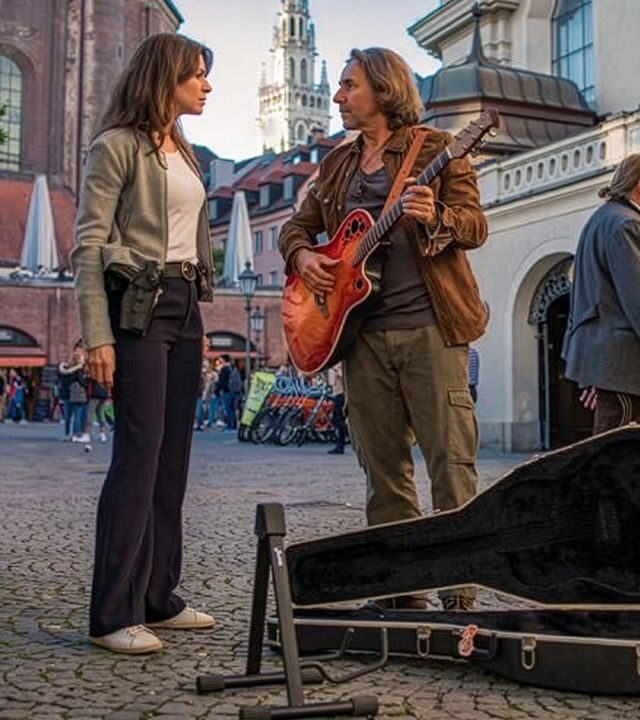 "SOKO München - Sinfonie der Großstadt": Katharina Hahn (Bianca Hein) steht mit Edgar Seiler (Dieter Landuris) in der Münchner Innenstadt und unterhält sich mit ihm. Die beiden sehen sich ernst an. Edgar Seiler hat seine Gitarre umhängen und spielt darauf. Neben ihm steht ein geöffneter Gitarrenkasten und ein Gitarrenständer. Hinter Katharina Hahn und Edgar Seiler laufen zwei Frauen und zwei Männer vorbei. Im Hintergrund sieht man weitere Menschen in der Innenstadt stehen.