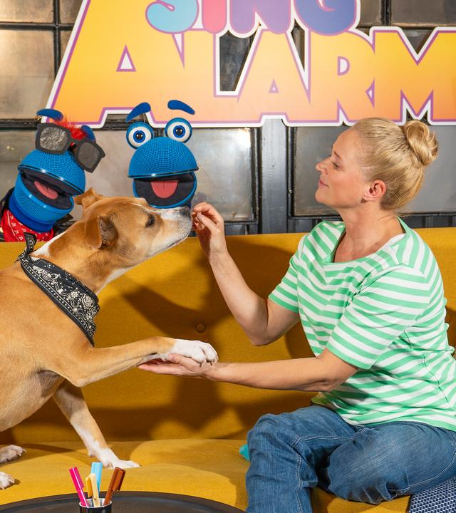 Singa sitzt mit einem Hund auf dem Sofa und hält dessen rechte Foto in ihrer linken Hand. Mit der rechten Hand fütterst sie ihm ein Leckerli. SingDing und seine Cousine Melody schauen hinter der Couch hervor.