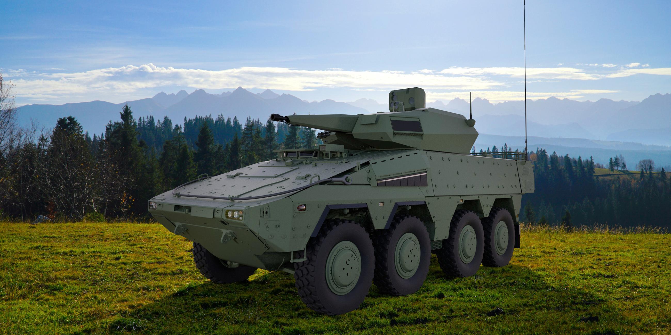 Ein von der Bundeswehr neuangeschaffter "Flak-Panzer" steht auf einem Feld, mit Wald und Bergen im Hintergrund.
