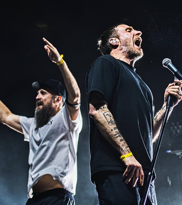 Links im Bild steht ein Mann, mit dunklem Bart und schwarzer Kappe auf dem Kopf. Er trägt ein graues T-Shirt und hebt seine beiden Arme in die Luft. Sein Blick geht nach links. Rechts daneben steht ein weiterer Mann, dessen Blick in die andere Richtung geht und in ein Mikrofon singt. Er trägt ein schwarzes T-Shirt und auf seinem Arm sind Tattoos zu erkennen. Beide stehen auf einer Bühne.