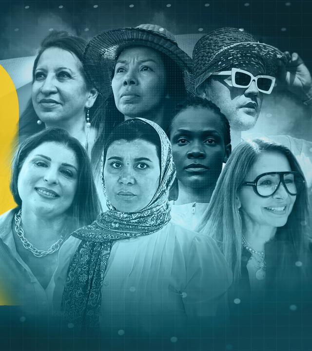 Porträtfotos von 7 Frauen mit dem Schriftzug: Nie wieder Opfer - Der Kampf der Frauen weltweit