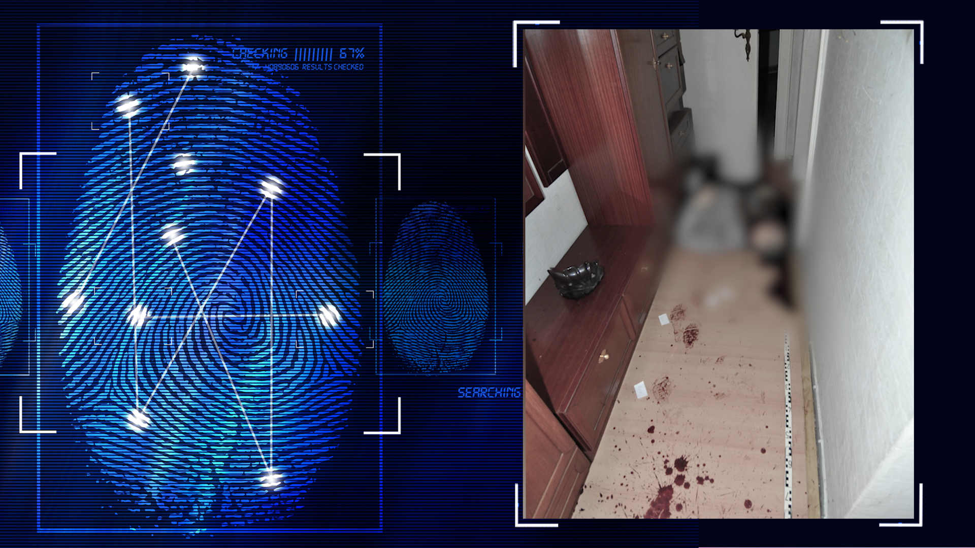 Eine Leiche liegt in einem Flur. Blutspuren auf dem Boden. Im Hintergrund eine leicht geöffnete Zimmertür. Die Leiche wurde im Bild unkenntlich gemacht. Links daneben: Lichtschematische Darstellung eines Fingerabdrucks.