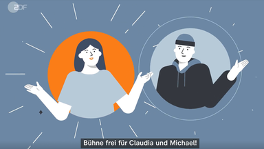 Zwei stilisierte Figuren, Claudia und Michael, stehen nebeneinander vor farbigen Kreisen und gestikulieren offen mit den Händen. Die Illustration symbolisiert den Austausch und die Beteiligung von Zuschauerinnen und Zuschauern beim ZDF-Mitmachangebot "ZDFmitreden".