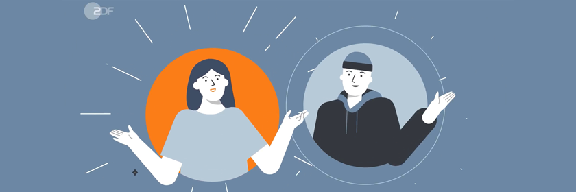 Zwei stilisierte Figuren, Claudia und Michael, stehen nebeneinander vor farbigen Kreisen und gestikulieren offen mit den Händen. Die Illustration symbolisiert den Austausch und die Beteiligung von Zuschauerinnen und Zuschauern beim ZDF-Mitmachangebot "ZDFmitreden".