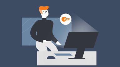 Eine stilisierte Figur sitzt vor einem Computer, während das ZDF-Logo in einer Sprechblase dargestellt ist. Die Grafik visualisiert die Struktur und Arbeitsweise des Senders in einem Erklärvideo.