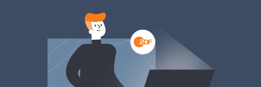 Eine stilisierte Figur sitzt vor einem Computer, während das ZDF-Logo in einer Sprechblase dargestellt ist. Die Grafik visualisiert die Struktur und Arbeitsweise des Senders in einem Erklärvideo.