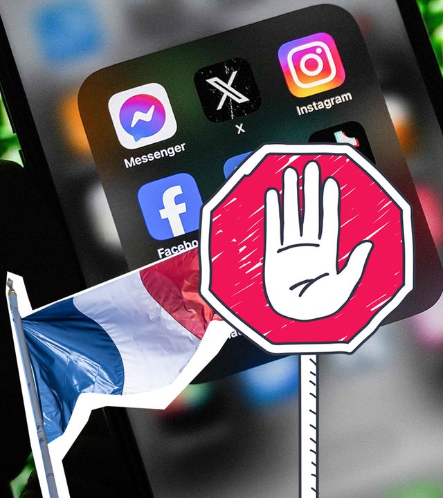 Handy mit Social media Apps, daneben französische Flagge und Stoppschild