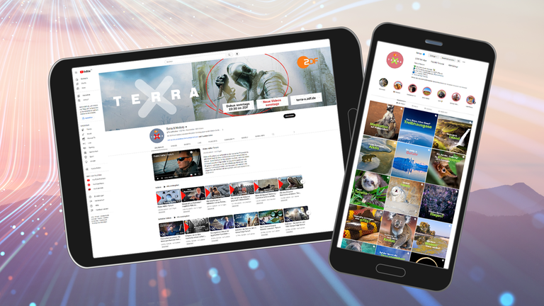 Terra X bei YouTube, Facebook, Instagram und TikTok. Tablet und Handy mit geöffnetem Bildschirm von Terra X.
