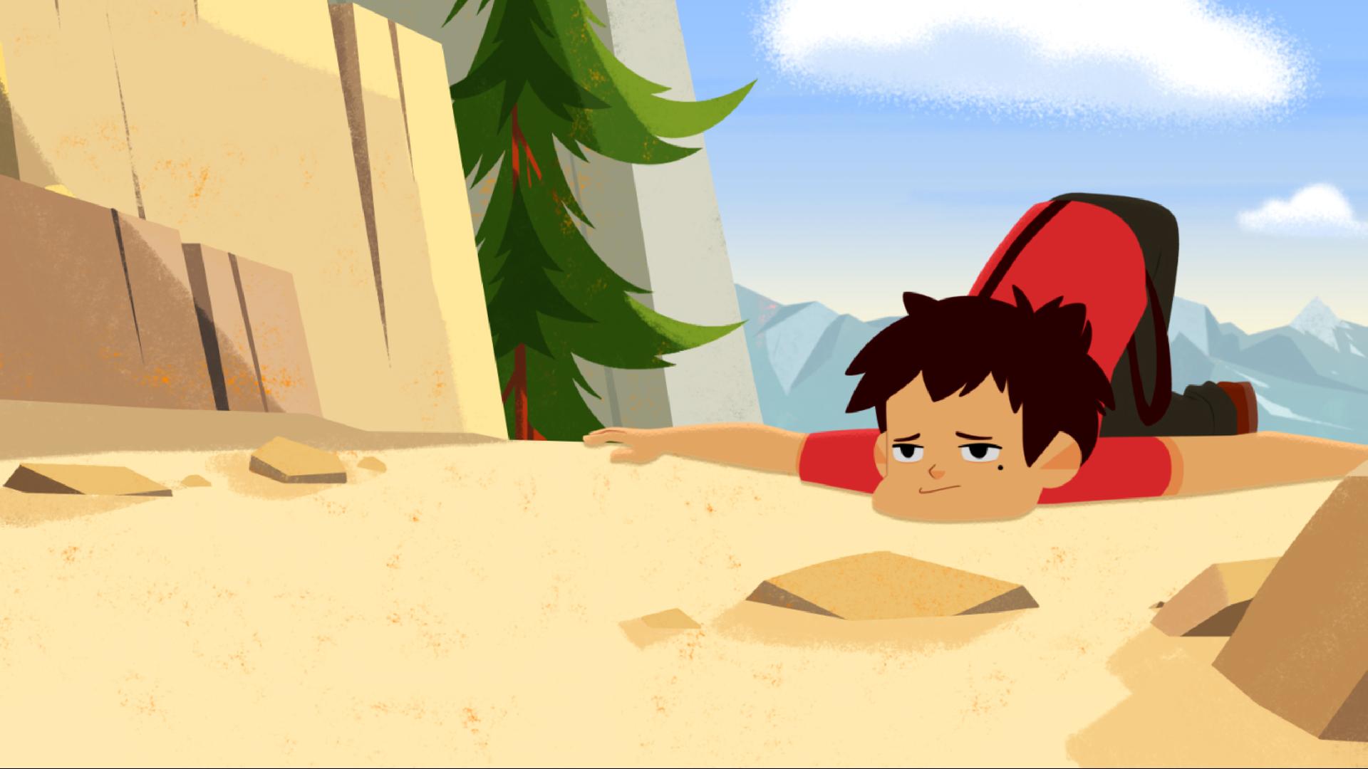 Sebastian liegt erschöpft auf dem Boden. Er ist auf einem Berg.