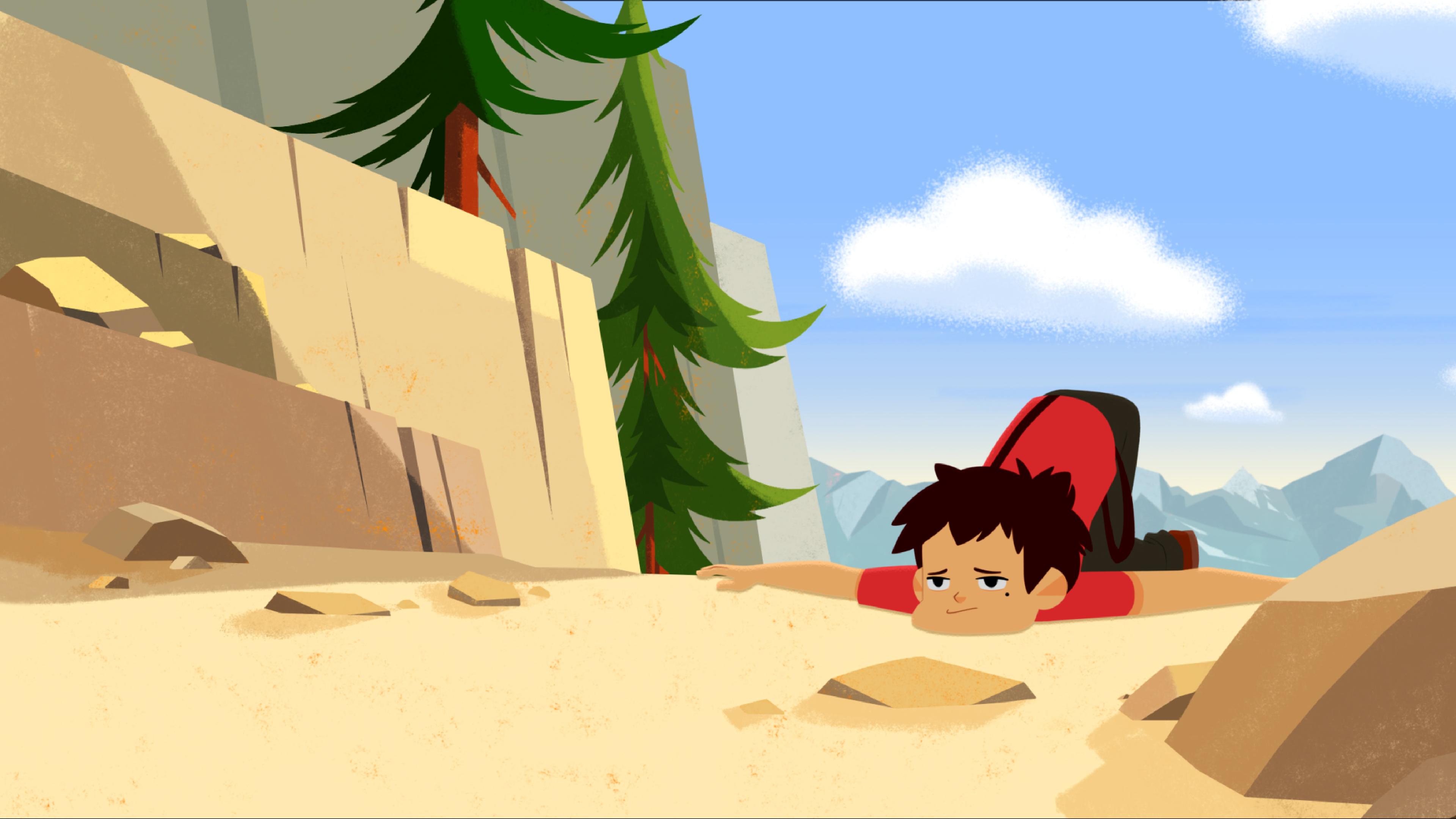 Sebastian liegt erschöpft auf dem Boden. Er ist auf einem Berg.