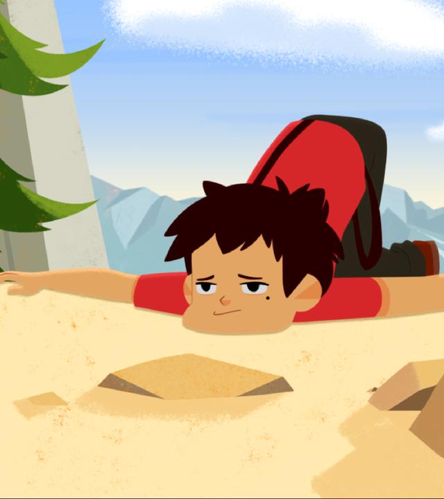 Sebastian liegt erschöpft auf dem Boden. Er ist auf einem Berg.