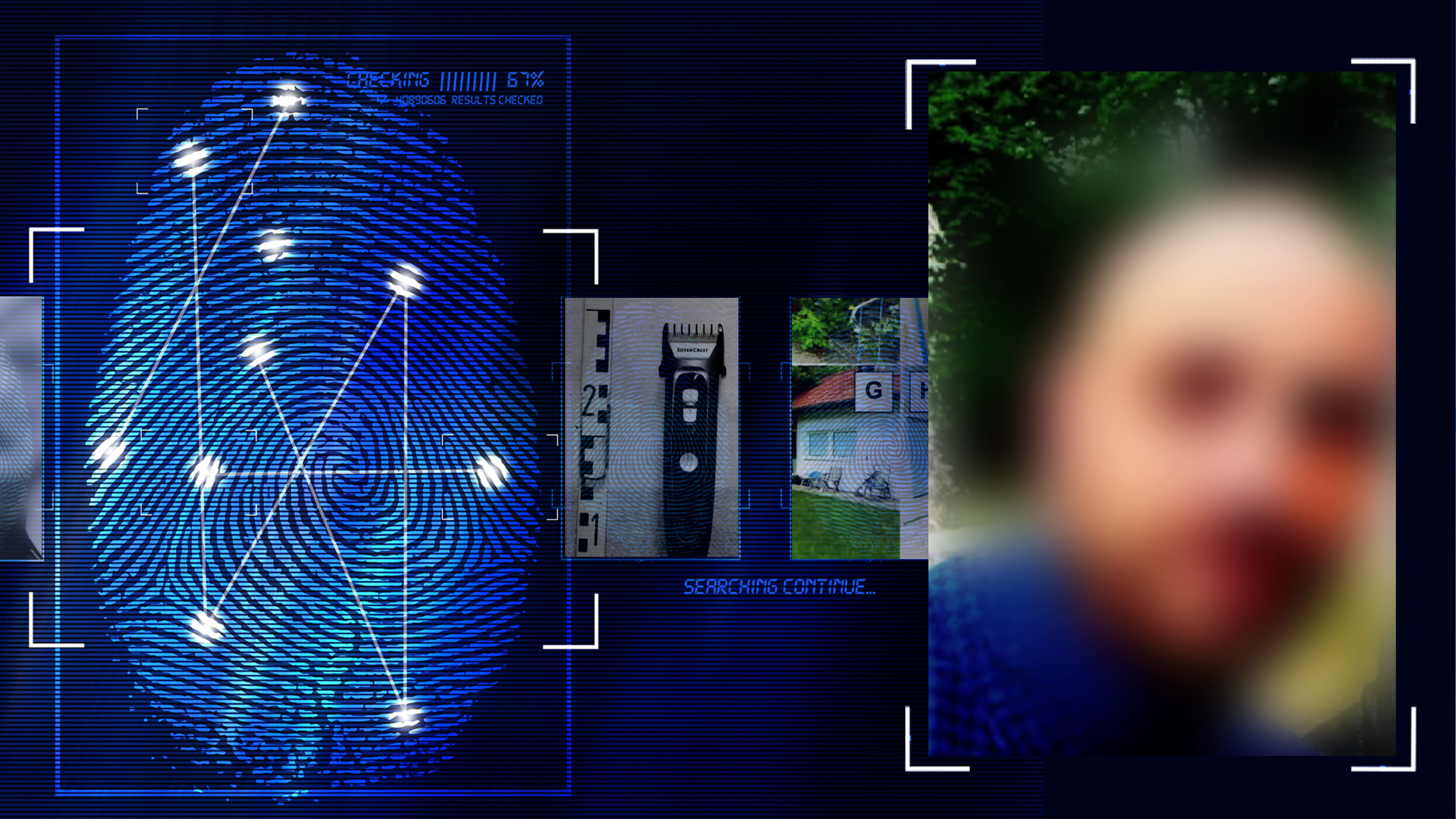 Foto eines Mannes mit Halbglatze. In Hintergrund grün einer Wiese und eines Waldes. Das Gesicht wurde im Bild technisch verfremdet. Links daneben: Lichtschematische Darstellung eines Fingerabdrucks